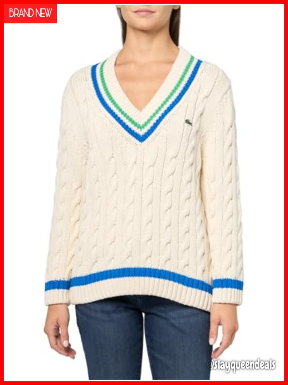 V-Neck Pullover Sweater Cable Knit Relaxed Fit Cotton Blend Long Sleeve